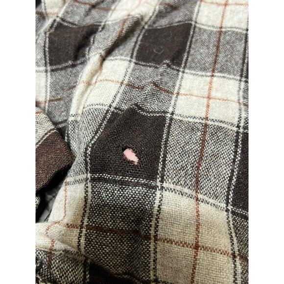 Vtg K-Mart 70s Sport Style Patch Shooting Flannel Shirt L Brown Plaid Wool Holes - Picture 7 of 11
